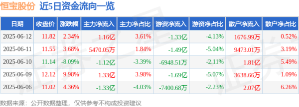 方圆之道 股票行情快报：恒宝股份（002104）6月12日主力资金净买入1.16亿元
